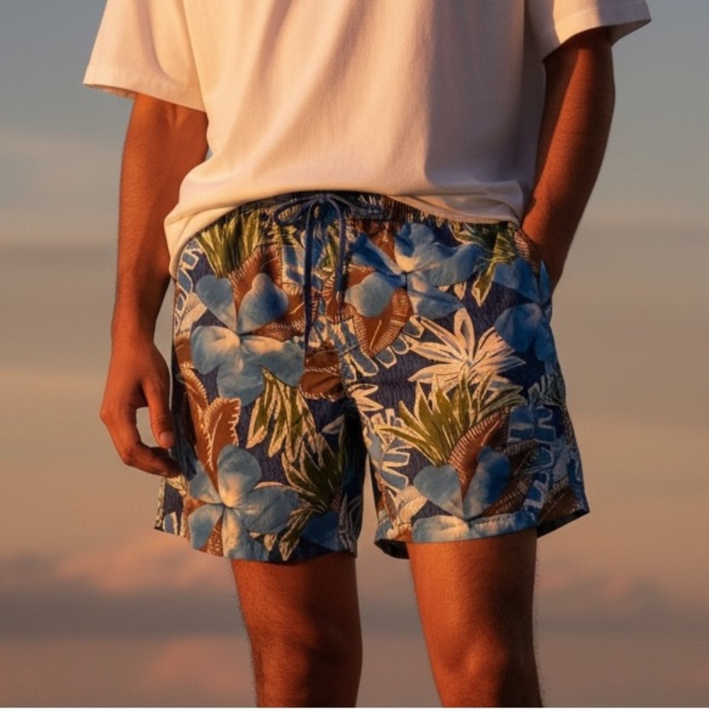 Speedo XL Men's Board Shorts Swim Trunks Blue/Brow/White Draw String & Pockets